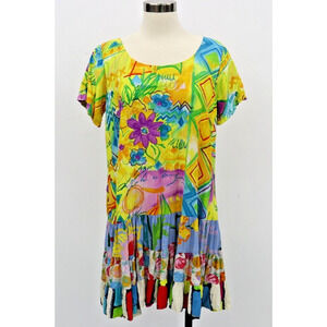 Vintage Jams World Hattie Mini Dress Paradise Tropical Floral Artsy Rayon SZ XL